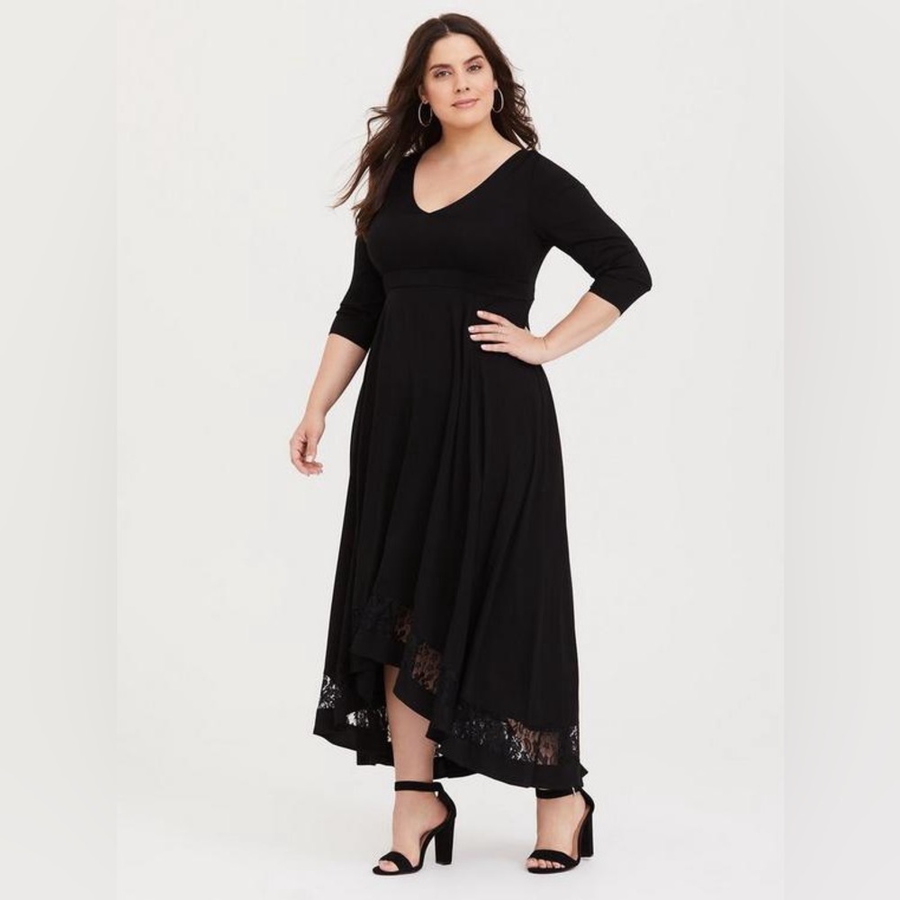 TORRID black challis hi-lo maxi dress lace trim flattering fit large modest